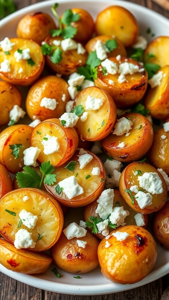 Oven-baked feta potatoes with crumbled feta and parsley on a rustic table.
